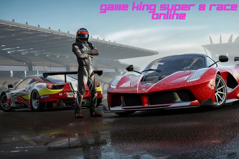 3d game a man racing charecter satd in front of two red racing cars